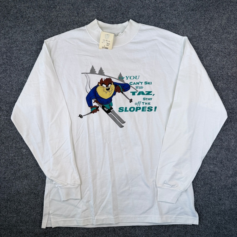 Vintage Looney Tunes Taz T Shirt Mens L White Long Sleeve Ski USA Made NWT NOS